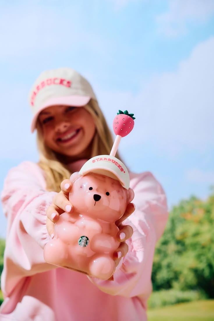 Starbucks Pink Bearista Glass Tumbler with Strawberry Straw Topper | 590ml Limited Edition Cold Cup
