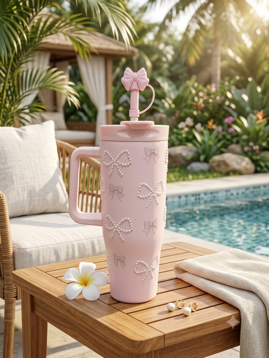 Sitarayuri White & Pink Butterfly Side-Handle Tumbler