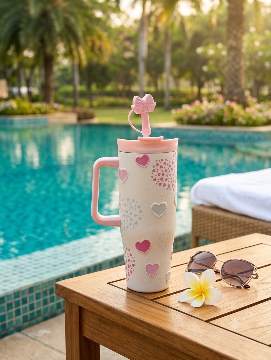 Sitarayuri White & Pink Butterfly Side-Handle Tumbler