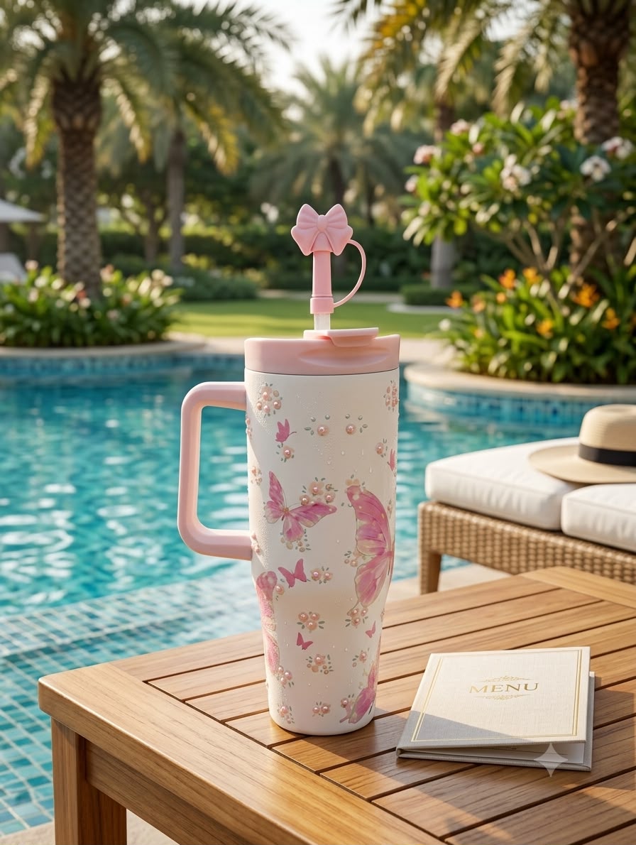 Sitarayuri White & Pink Butterfly Side-Handle Tumbler