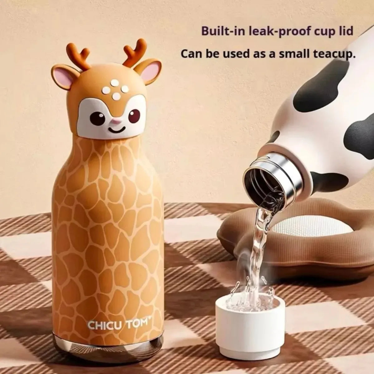 Kids Animal Stainless Steel Insulated Water Bottle with Straw & Cleaning Brush - 480ml