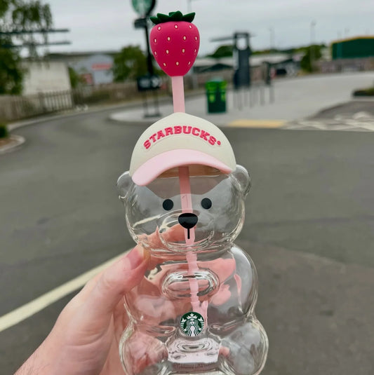 Starbucks Pink Bearista Glass Tumbler with Strawberry Straw Topper | 590ml Limited Edition Cold Cup