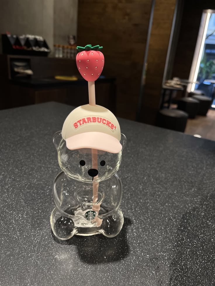 Starbucks Pink Bearista Glass Tumbler with Strawberry Straw Topper | 590ml Limited Edition Cold Cup