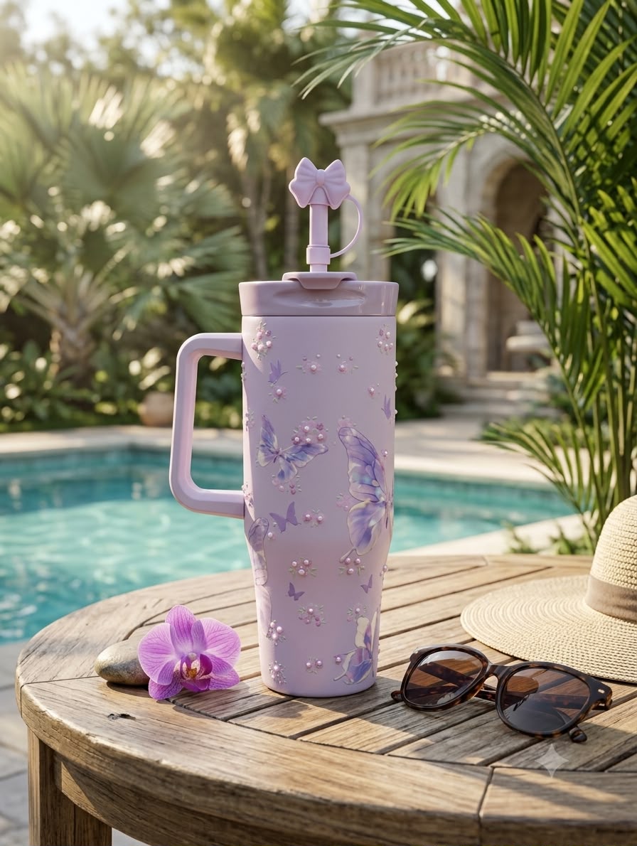 Sitarayuri White & Pink Butterfly Side-Handle Tumbler